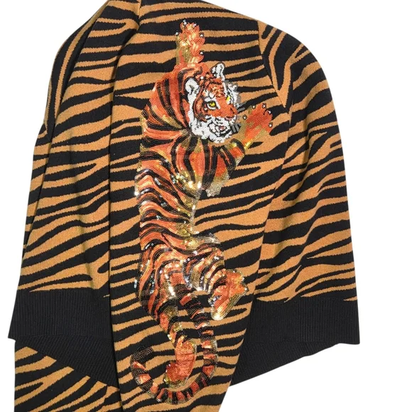 Queen of Sparkles Tiger Stripe Cardigan Sequin Tigers Black Camel Medium - Picture 9 of 14